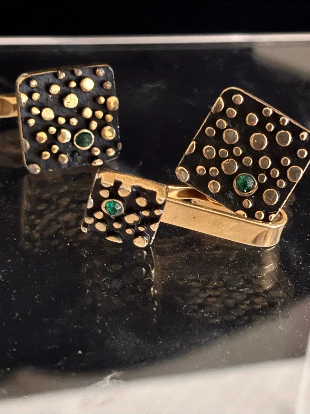 Vintage Collectible Square Cufflinks & Tie Bar with Green Accent Stones